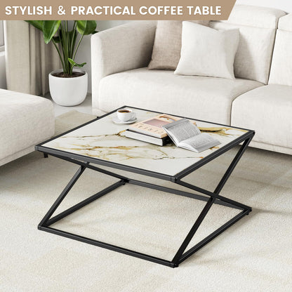 Marble Coffee Table, White Marble Sintered Stone Top Small Square Coffee Table with Black Metal Frame, 27.6 Inch Simple Modern Center Coffee Table for Living Room Home Office, Easy Assembly