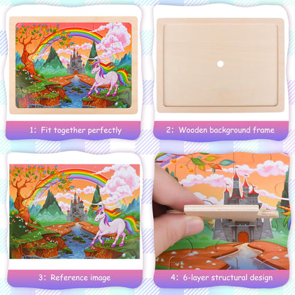 4 Packs Wooden Puzzles for Kids Ages 3-6 Toddler 4 in 1 Jigsaw Puzzles 24 PCS Preschool Learning Educational Brain Teaser Boards Toys Children Gifts for 3 4 5 6 Year Old Boys Girls