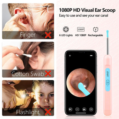 Joygift Ear Wax Removal Kit with Camera,1080P Earpick,with IP67 Waterproof Lens,6 LED Lights,8Pcs Ear Care Kit for Daily Use,Wireless Visual Ear Scoop Tool for Android and iPhone Tablets,Pink