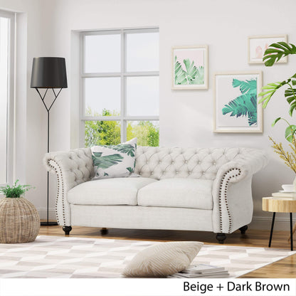 Christopher Knight Home Karen Traditional Chesterfield Loveseat Sofa, Beige and Dark Brown, 61.75 x 33.75 x 27.75