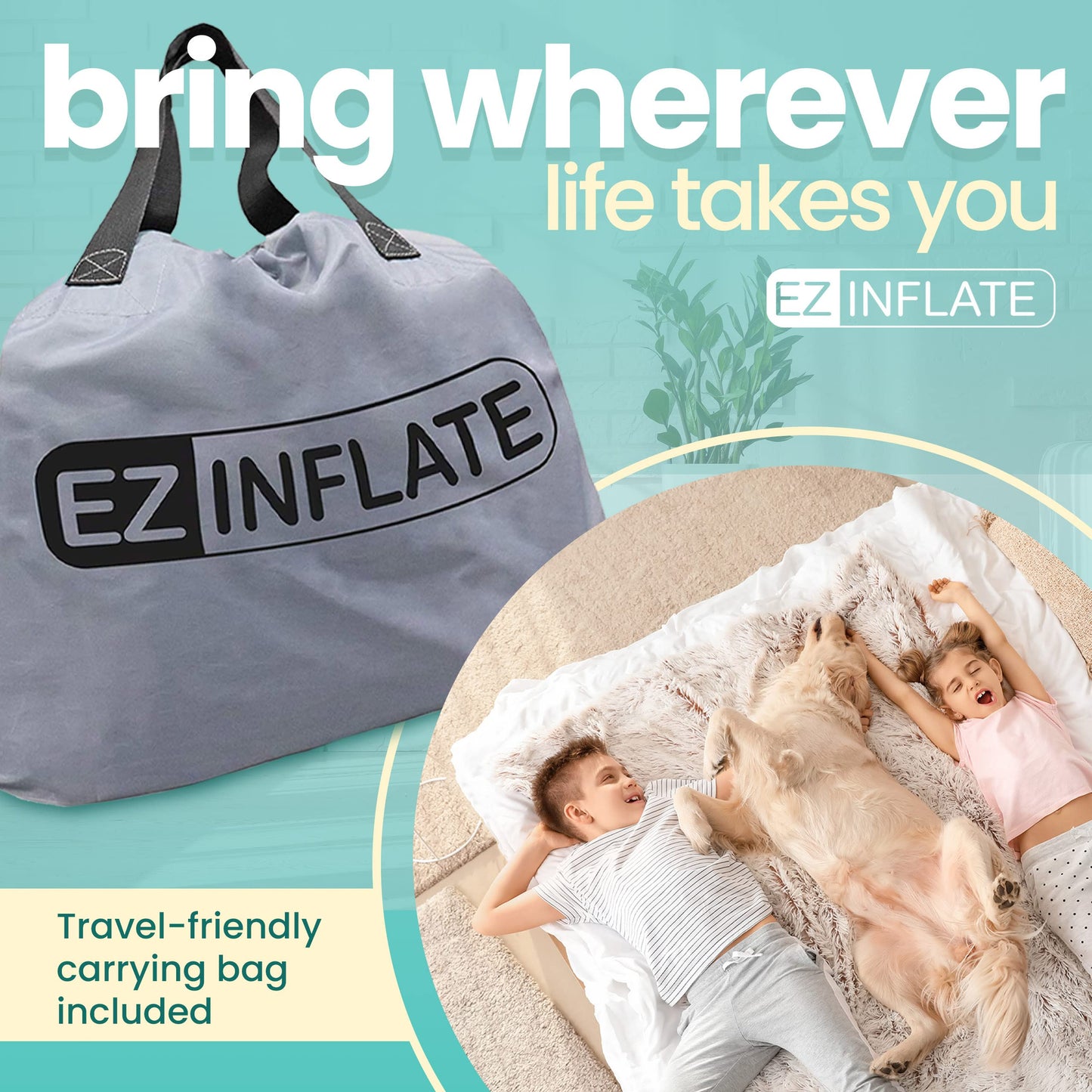 EZ INFLATE Air Mattress with Built in Pump - Queen Size Double-High Inflatable Mattress with Flocked Top - Easy Inflate, Water