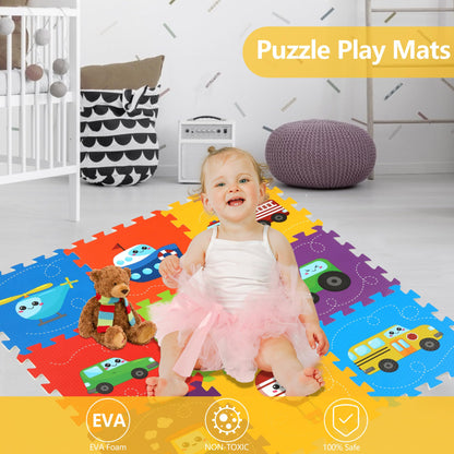 PLAY 10 Baby Play Mat, Foam Playmat for Babies, Kids Play Mat Foam Floor Tiles 34×34 9 Pieces Vehicle Puzzle Mat