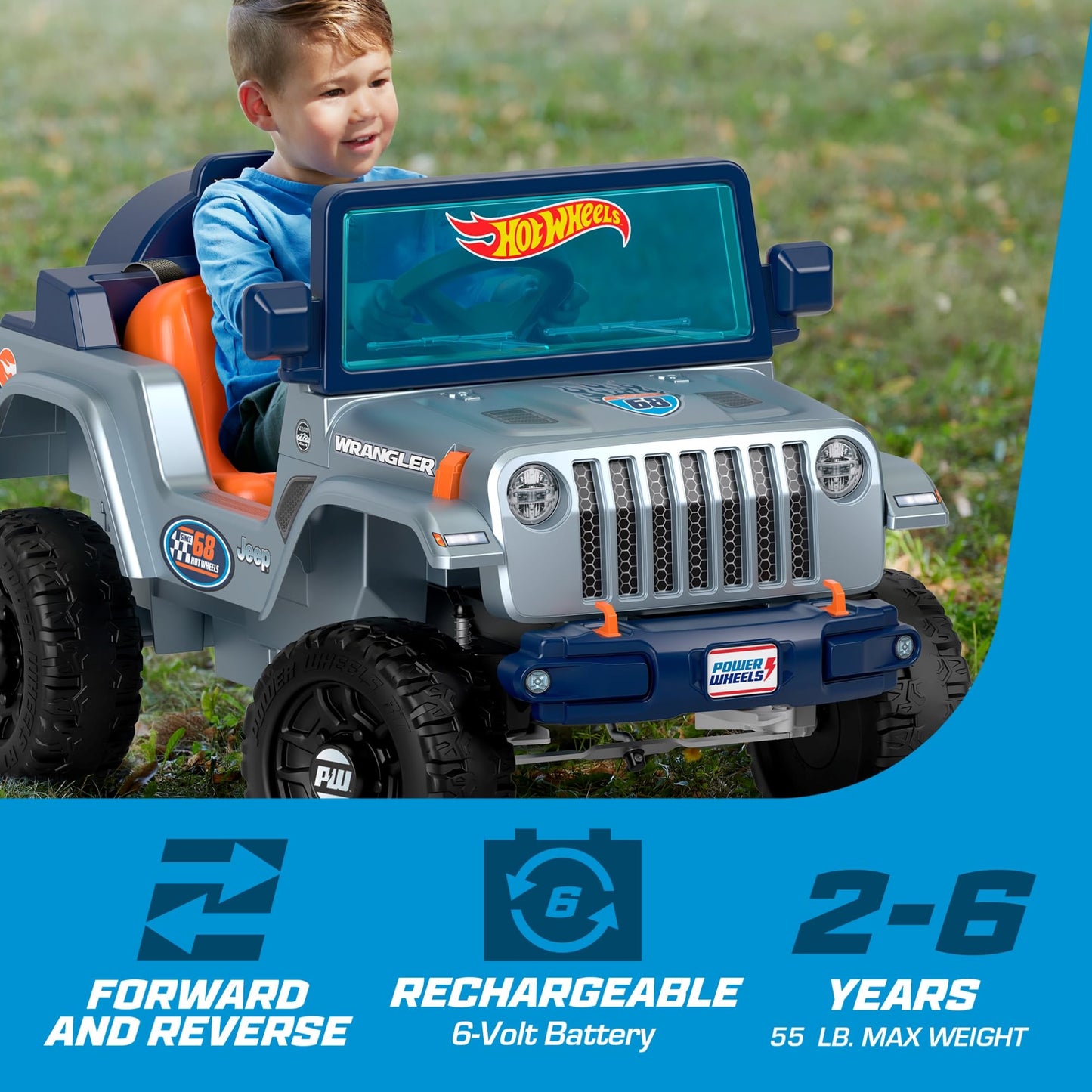 Power Wheels Hot Wheels Jeep Wrangler Toddler Ride-On Toy with Driving Sounds, Multi-Terrain Traction, Seats 1, Ages 2+ Years, Small