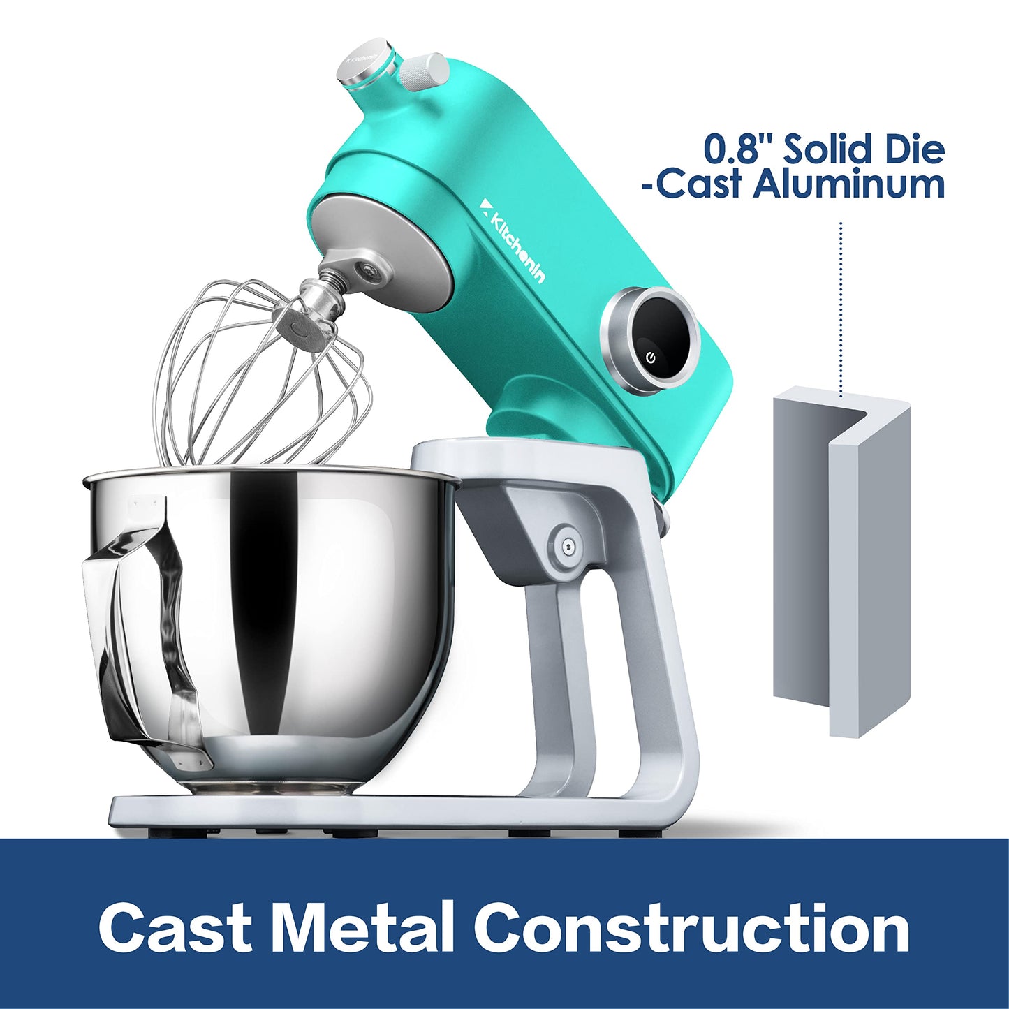 All Metal Stand Mixer,Kitchenin 5.3-Quart 8-Speeds Tilt-Head Food Mixer,400 Watt DC Motor Electric Stand Mixer with 12-Wire Whip,Flat Beater,Stainless Steel Dough Hook & Pouring Shield,Light Blue