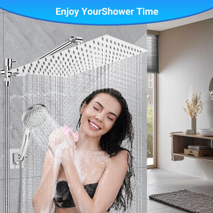 Anysig 10" rain shower head with handheld spray, rainfall shower head with 11" Adjustable Extension Arm, 5 Settings Handheld, Includes Holder/Hose,Built-in Power Wash, Dual Rainfall Shower Head, Chrom