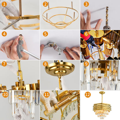 Gold Crystal Chandelier 15.7" Round Modern Crystal Chandeliers for Dining Room K9 3-Tiers Ceiling Pendant Light Fixtures Large Flush Mount Chandelier for Living Room Entryway Foyer Bedroom Kitchen