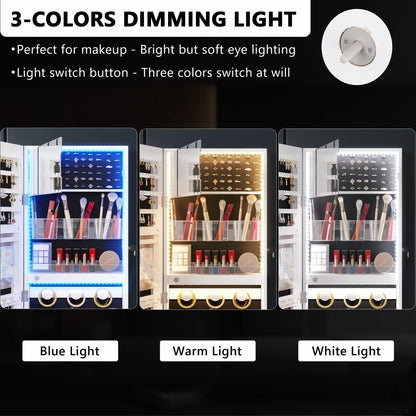 FREDEES Jewelry Armoire with Mirror 4 Tier Storage Over the Door Jewelry Organizer with Mirror,Full Length Mirror Jewelry Cabinet,Jewelry Cabinet Armoire with Mirror (White)