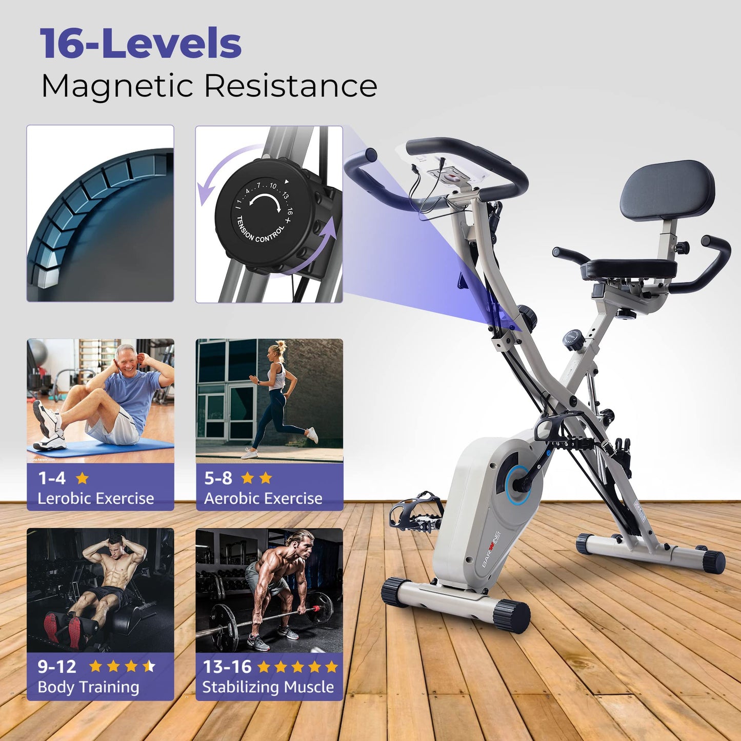 BARWING Exercise Bike for Home Workout Stationary Bike | 330LB Capacity, 16-Level Magnetic Resistance, Seat Backrest Adjustments