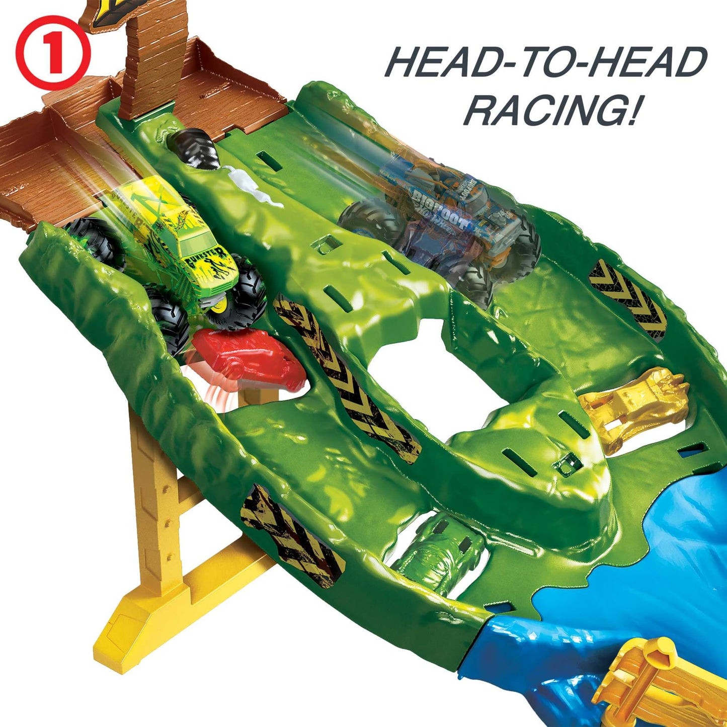 Hot Wheels Monster Trucks Wreckin' Raceway with 2 Toy Trucks: Bigfoot & Gunkster, Head-to-Head Race with Obstacles