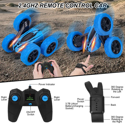 Lumiparty Remote Control Stunt Car Watch Gesture Sensor 4WD Double Sided 360 Rotating Tumbling Rechargeable Car High Speed 2.4GHZ Off Road RC Toy Cars for Xmas Birthday Gift Adult,Red/Green/Blue,3Pack
