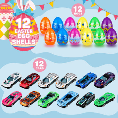 Hoarosall 12pcs Kids Easter Gifts Race Car Vehicle Toys,Prefilled Plastic Easter Eggs Gifts for Boys, Easter Eggs with Toys Inside Car Easter Toys for Kids Ages 4-8，8-12