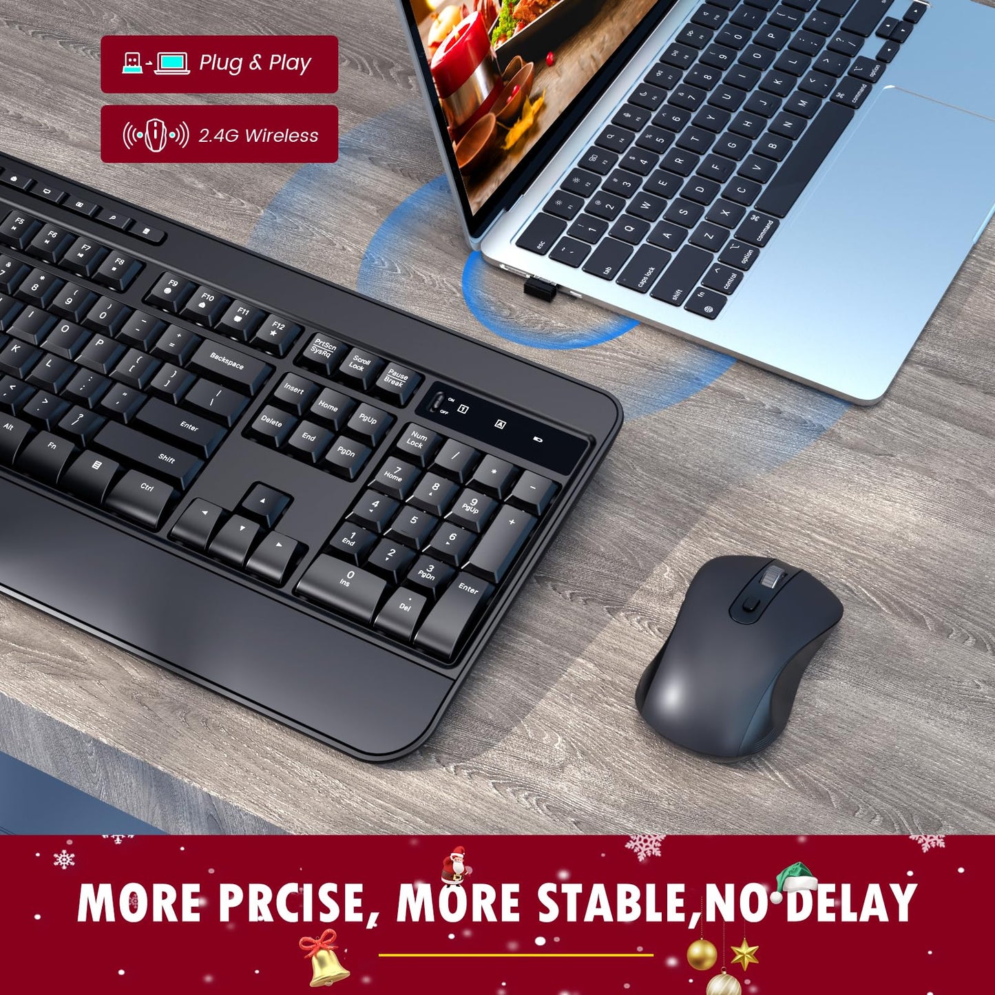 Wireless Keyboard and Mouse Combo, VEILZOR Full-Size 2.4G Ergonomic Computer Keyboard with Wrist Rest, 12+10 Independent Shortcuts, 4-Level 2400 DPI Wireless Mouse for Laptop/PC/Desktop,Windows/Mac OS