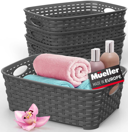 European Made Plastic Storage Bins, Heaviest Duty, Household Organizers for Bathrooms, Bedrooms, Kitchens, Laundry Room, Cabinets, Shelves, 4 Pk, Dark Grey