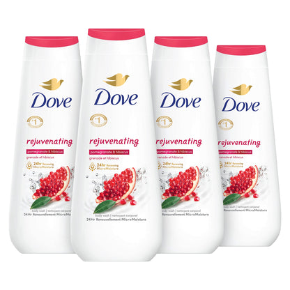 Dove Body Wash Rejuvenating Pomegranate & Hibiscus 4 Count for Renewed, Healthy-Looking Skin Gentle Skin Cleanser with 24hr Renewing MicroMoisture 20 oz