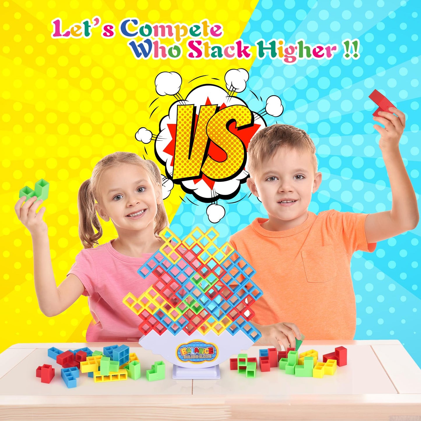 LIMYIOM 64Pcs Tetra Tower Game, Stack Attack Family Board for 2 Players Family Games, Building Blocks Stacking Balance Games Toys for Kids, Adults, Friends, Classroom, Family and Travel Party