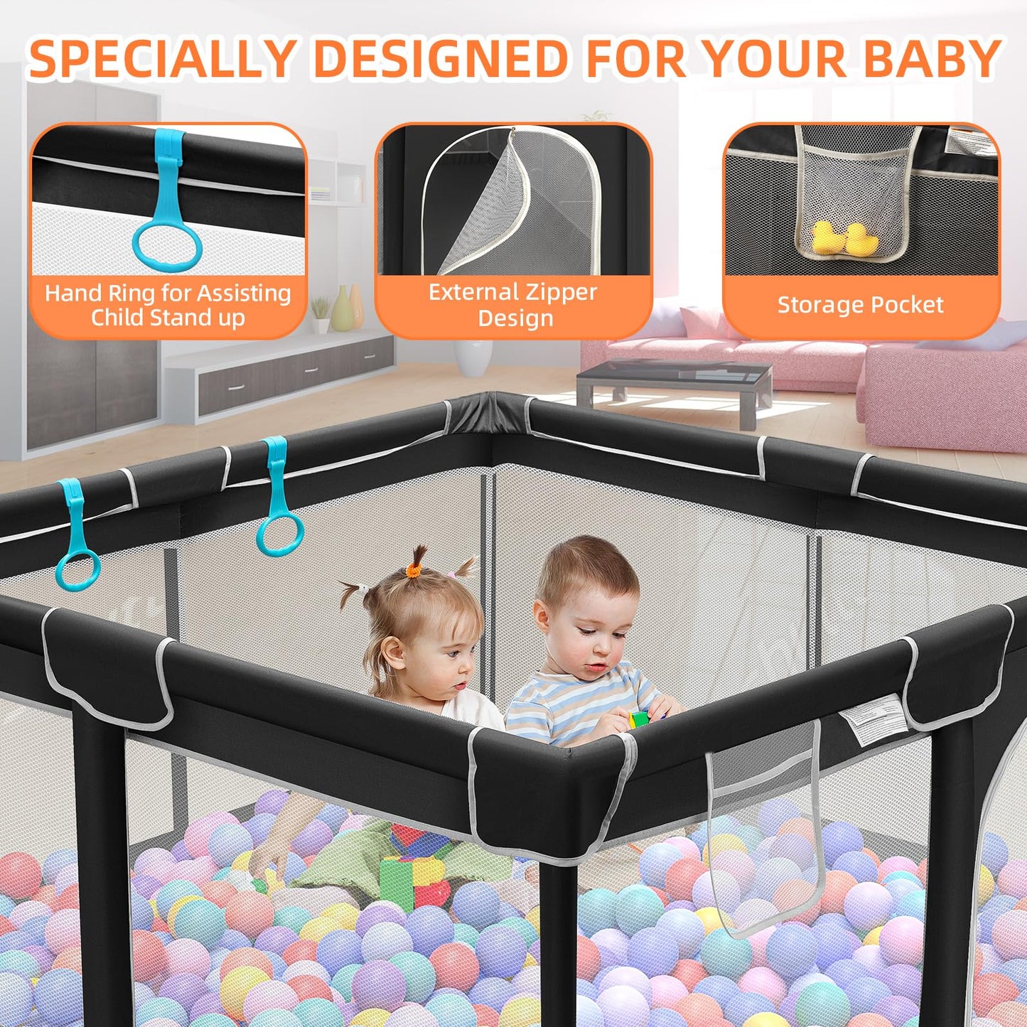 Suposeu Baby Playpen, Sturdy and Safety Playard with Soft Breathable Mesh, Indoor and Outdoor Baby Fence, Portable Playpen for Babies and Toddlers (50 Inch×50 Inch, Black)