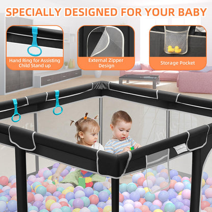 Suposeu Baby Playpen, Sturdy and Safety Playard with Soft Breathable Mesh, Indoor and Outdoor Baby Fence, Portable Playpen for Babies and Toddlers (50 Inch×50 Inch, Black)