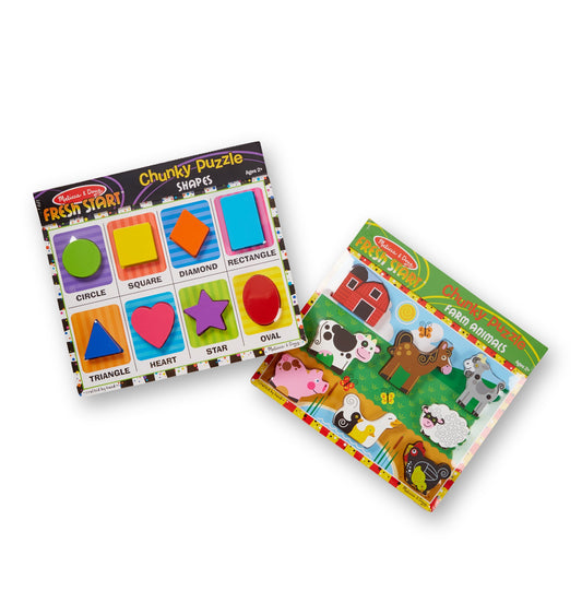 Melissa & Doug Shapes - Chunky Puzzle and Farm Wooden Chunky Puzzle Bundle