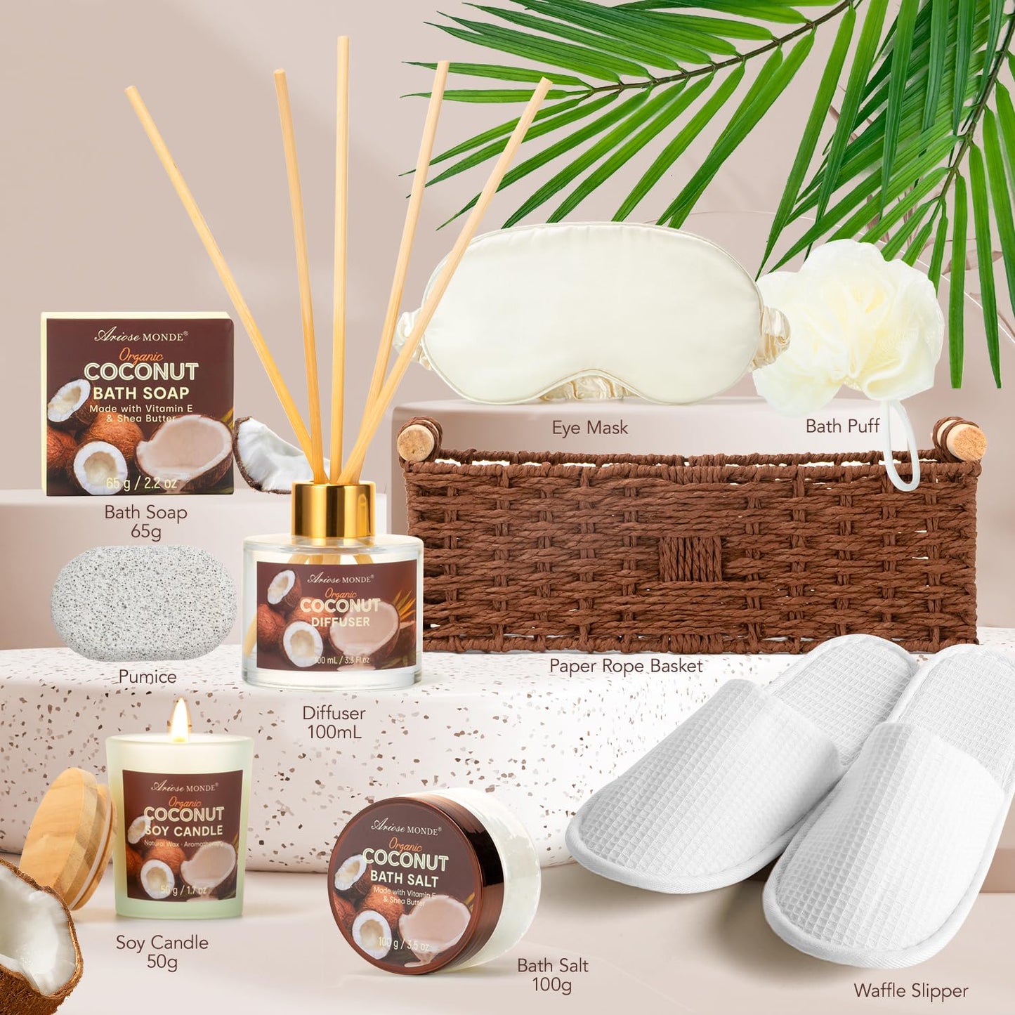 Spa Gift Basket for Women, Coconut Luxury Gift Set with Shower Gel, Bubble Bath, Hand Cream, Bath Soap, Bath Salt, Essential Oil, Luxury Bath and Body Gift Kit for Christmas