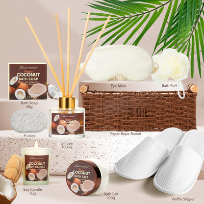 Spa Gift Basket for Women, Coconut Luxury Gift Set with Shower Gel, Bubble Bath, Hand Cream, Bath Soap, Bath Salt, Essential Oil, Luxury Bath and Body Gift Kit for Christmas
