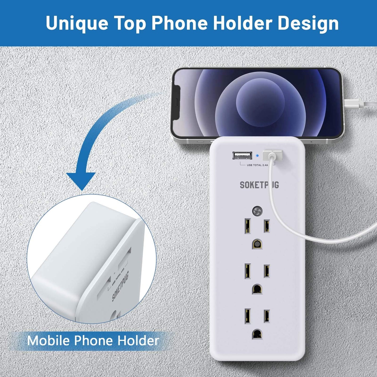 Surge Protector Outlet Extender, USB Wall Charger, SOKETPUG Multi Plug Outlet with 2 USB Charging Ports(Smart 2.4A Total), 9 AC Outlet Splitter Mountable, 3 Sided Plug Extender, Dorm Room Essentials