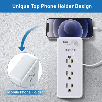 Surge Protector Outlet Extender, USB Wall Charger, SOKETPUG Multi Plug Outlet with 2 USB Charging Ports(Smart 2.4A Total), 9 AC Outlet Splitter Mountable, 3 Sided Plug Extender, Dorm Room Essentials