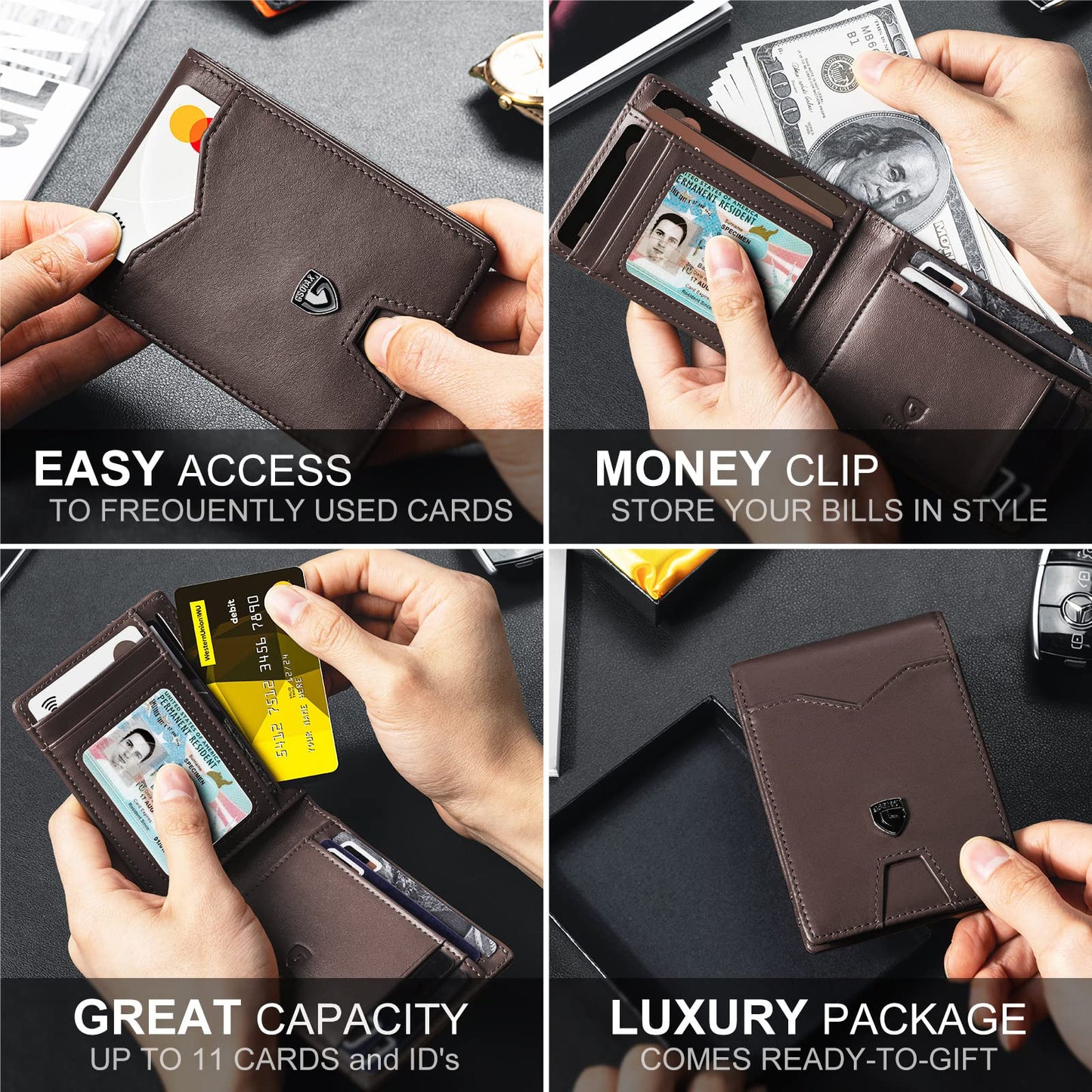 GSOIAX Mens Slim Wallet for Men Minimalist Genuine Leather Carbon Fiber Rfid Blocking Bifold Credit Card Holder With Gift Box (Leather Coffee)