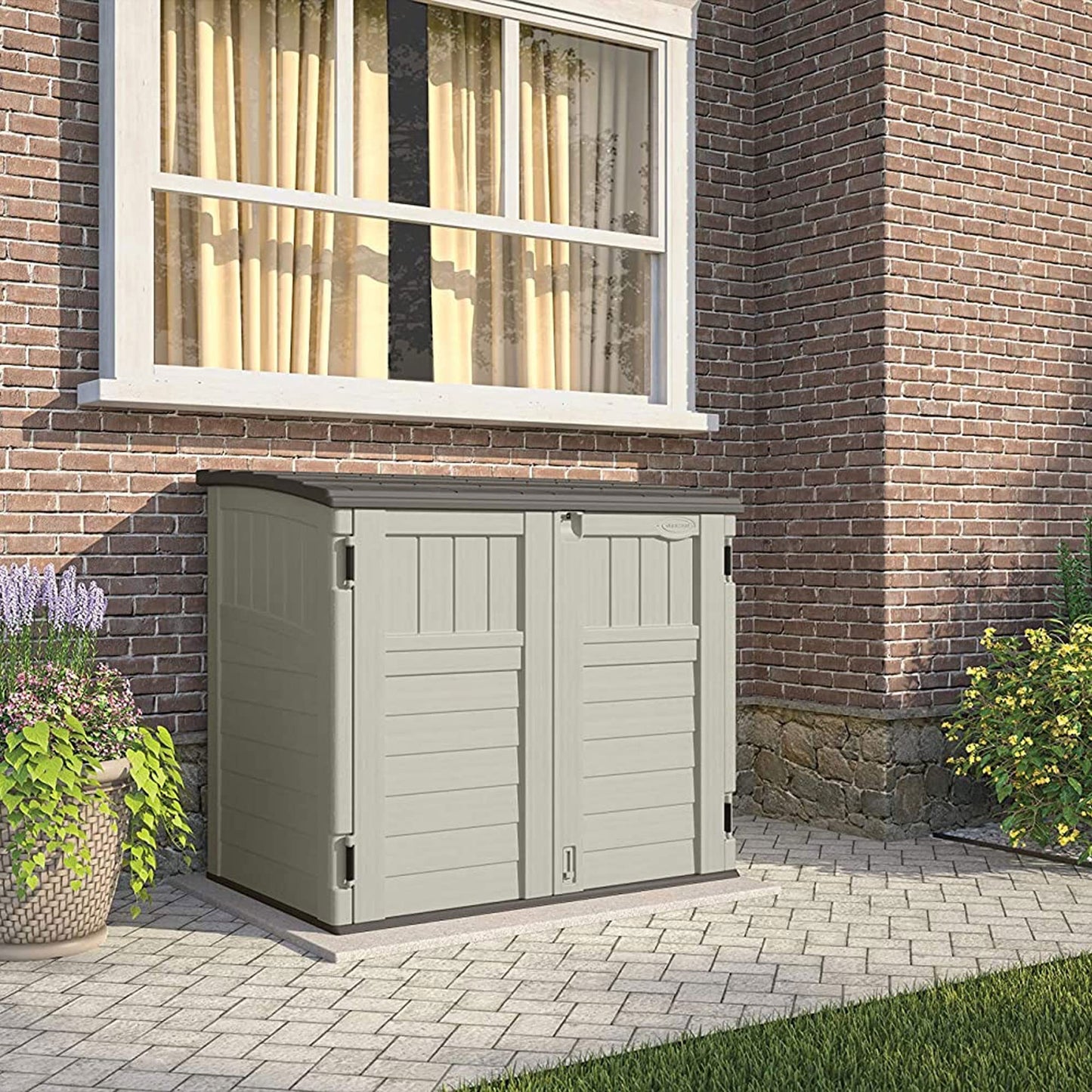 Suncast Horizontal 34 Cubic Feet Plastic Outdoor Storage Shed with Floor and 3 Door Locking System for Backyard, Garage, or Patio Use, Ivory