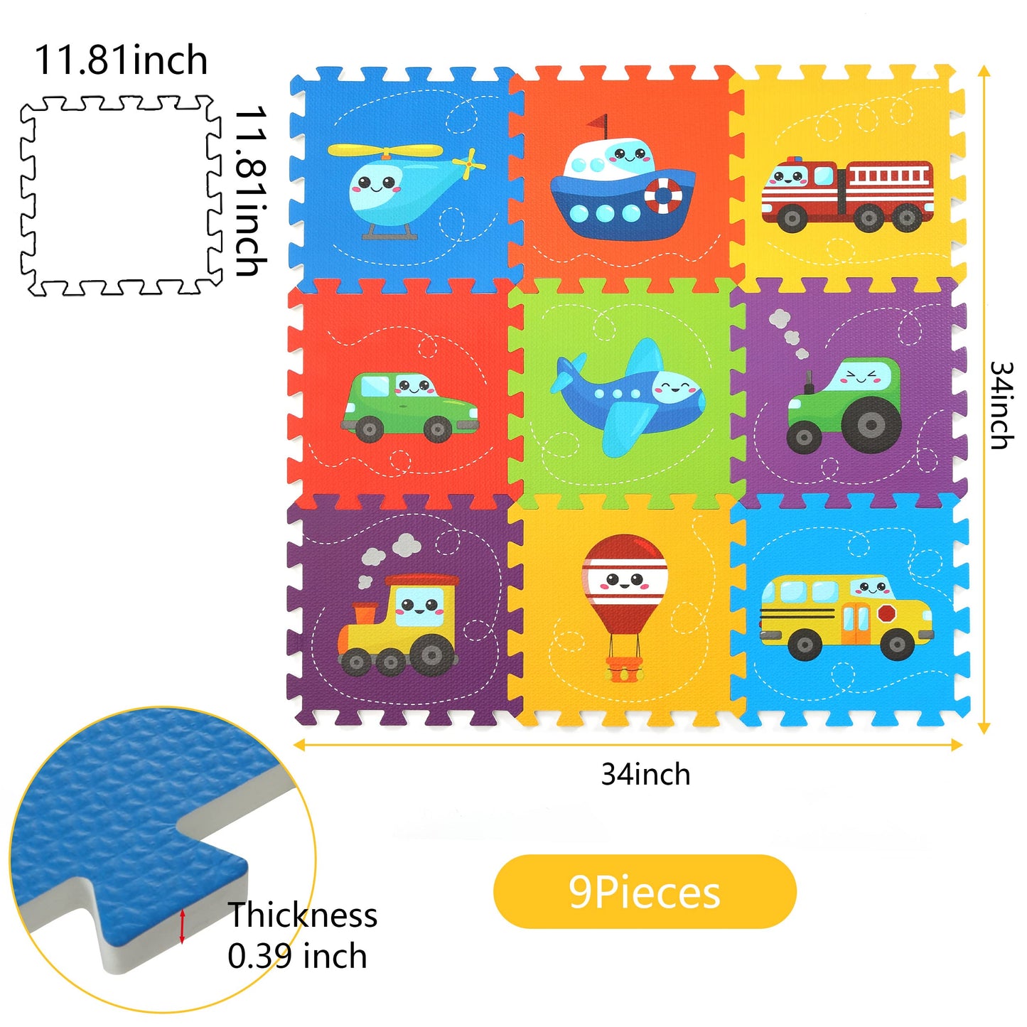 PLAY 10 Baby Play Mat, Foam Playmat for Babies, Kids Play Mat Foam Floor Tiles 34×34 9 Pieces Vehicle Puzzle Mat