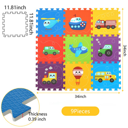 PLAY 10 Baby Play Mat, Foam Playmat for Babies, Kids Play Mat Foam Floor Tiles 34×34 9 Pieces Vehicle Puzzle Mat