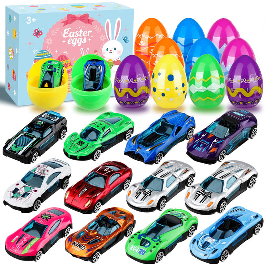 Hoarosall 12pcs Kids Easter Gifts Race Car Vehicle Toys,Prefilled Plastic Easter Eggs Gifts for Boys, Easter Eggs with Toys Inside Car Easter Toys for Kids Ages 4-8，8-12