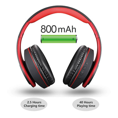 Bluetooth Headphones Wireless, pollini 40H Playtime Foldable Over Ear Headphones with Microphone, Deep Bass Stereo Headset with Soft Memory-Protein Earmuffs for iPhone/Android Cell Phone/PC(Black-Red)