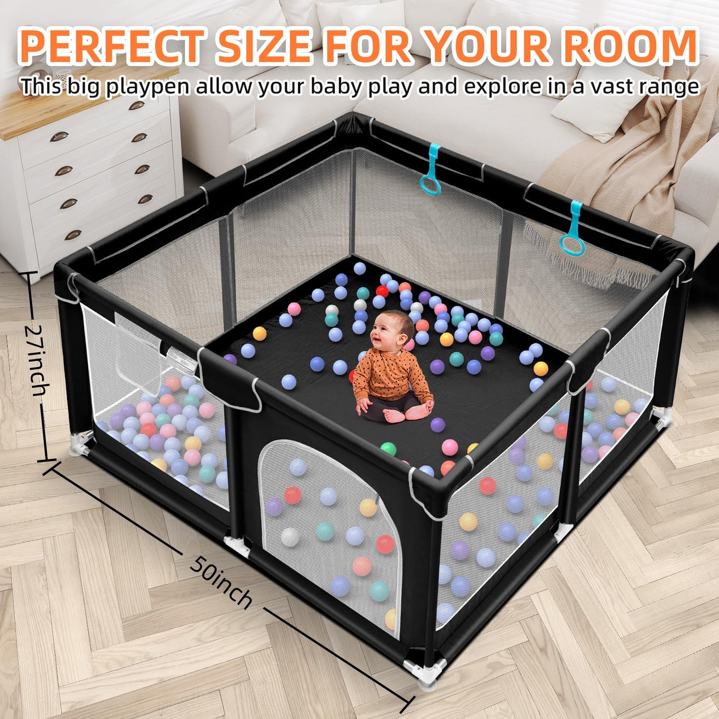 Suposeu Baby Playpen, Sturdy and Safety Playard with Soft Breathable Mesh, Indoor and Outdoor Baby Fence, Portable Playpen for Babies and Toddlers (50 Inch×50 Inch, Black)