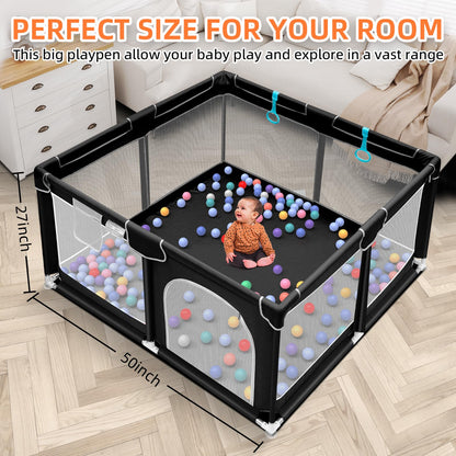 Suposeu Baby Playpen, Sturdy and Safety Playard with Soft Breathable Mesh, Indoor and Outdoor Baby Fence, Portable Playpen for Babies and Toddlers (50 Inch×50 Inch, Black)