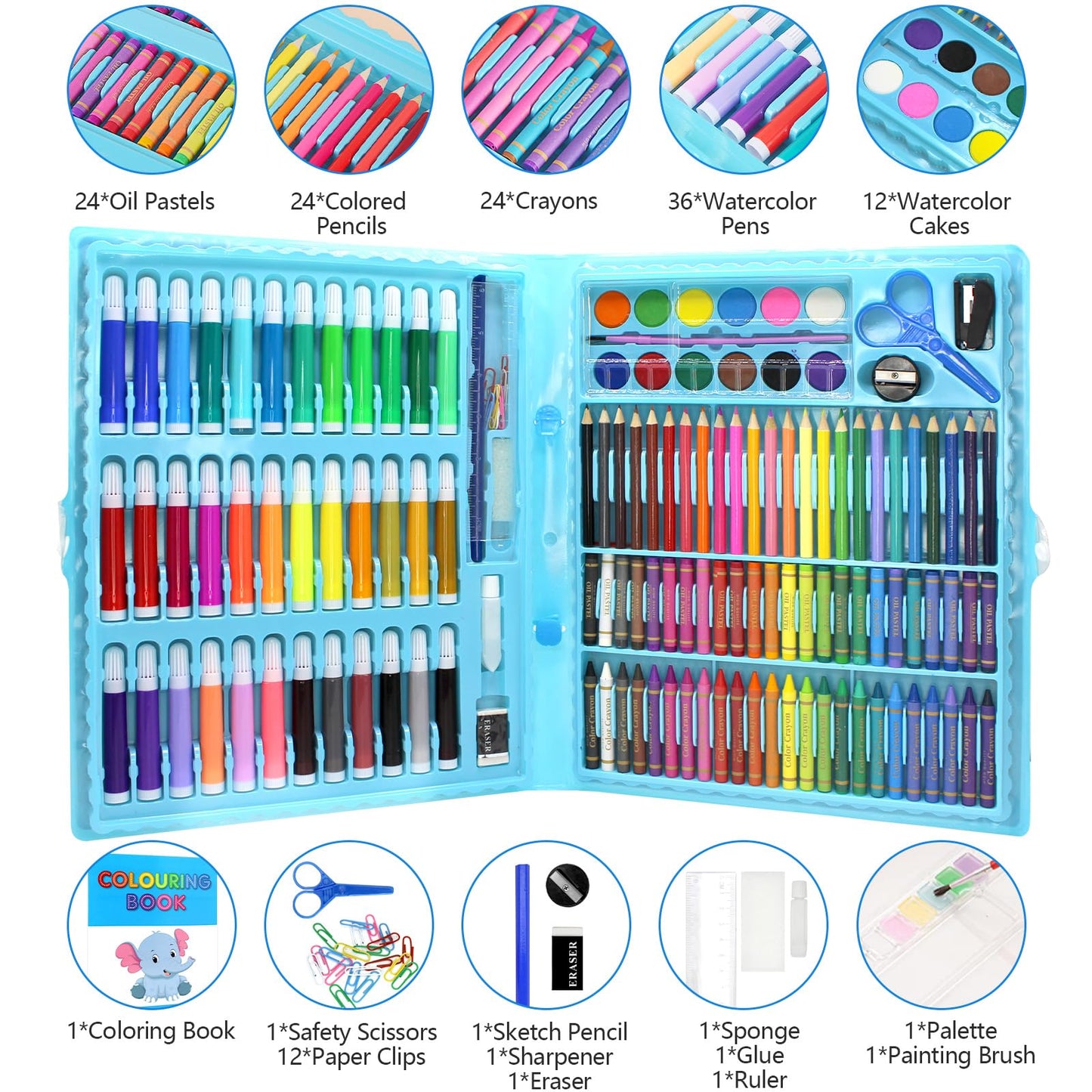 150 PCS Art Supplies Drawing Painting Art for Kids Girls Boys Teens, Art Set Case Includes Oil Pastels, Crayons, Colored Pencils, Watercolor Cakes for Christmas Gifts (Blue)