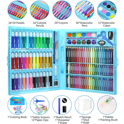 150 PCS Art Supplies Drawing Painting Art for Kids Girls Boys Teens, Art Set Case Includes Oil Pastels, Crayons, Colored Pencils, Watercolor Cakes for Christmas Gifts (Blue)