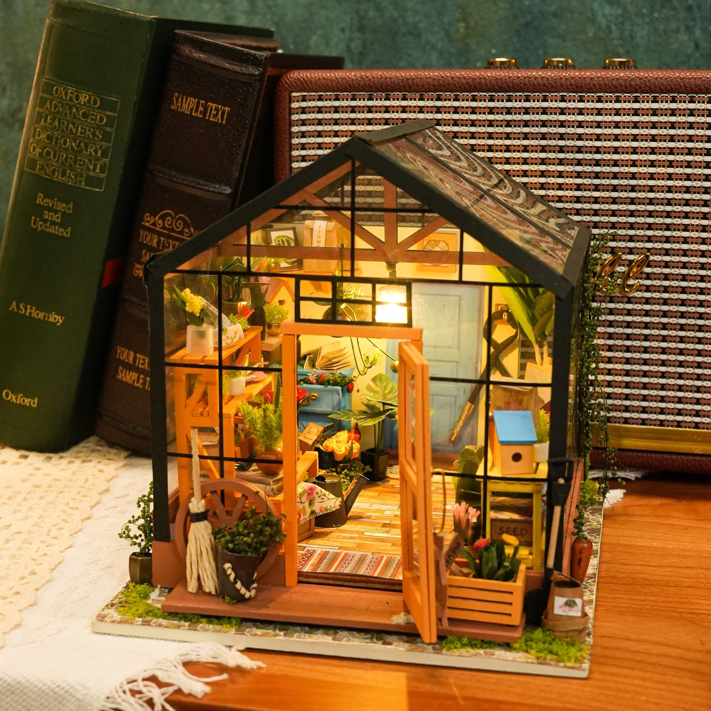 ROBOTIME DIY Dollhouse Wooden Miniature Furniture Kit Mini Green House with LED Best Birthday Gifts