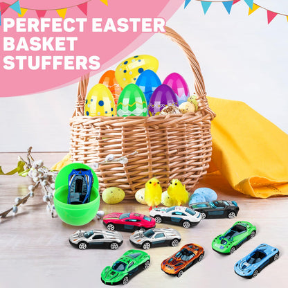 Hoarosall 12pcs Kids Easter Gifts Race Car Vehicle Toys,Prefilled Plastic Easter Eggs Gifts for Boys, Easter Eggs with Toys Inside Car Easter Toys for Kids Ages 4-8，8-12