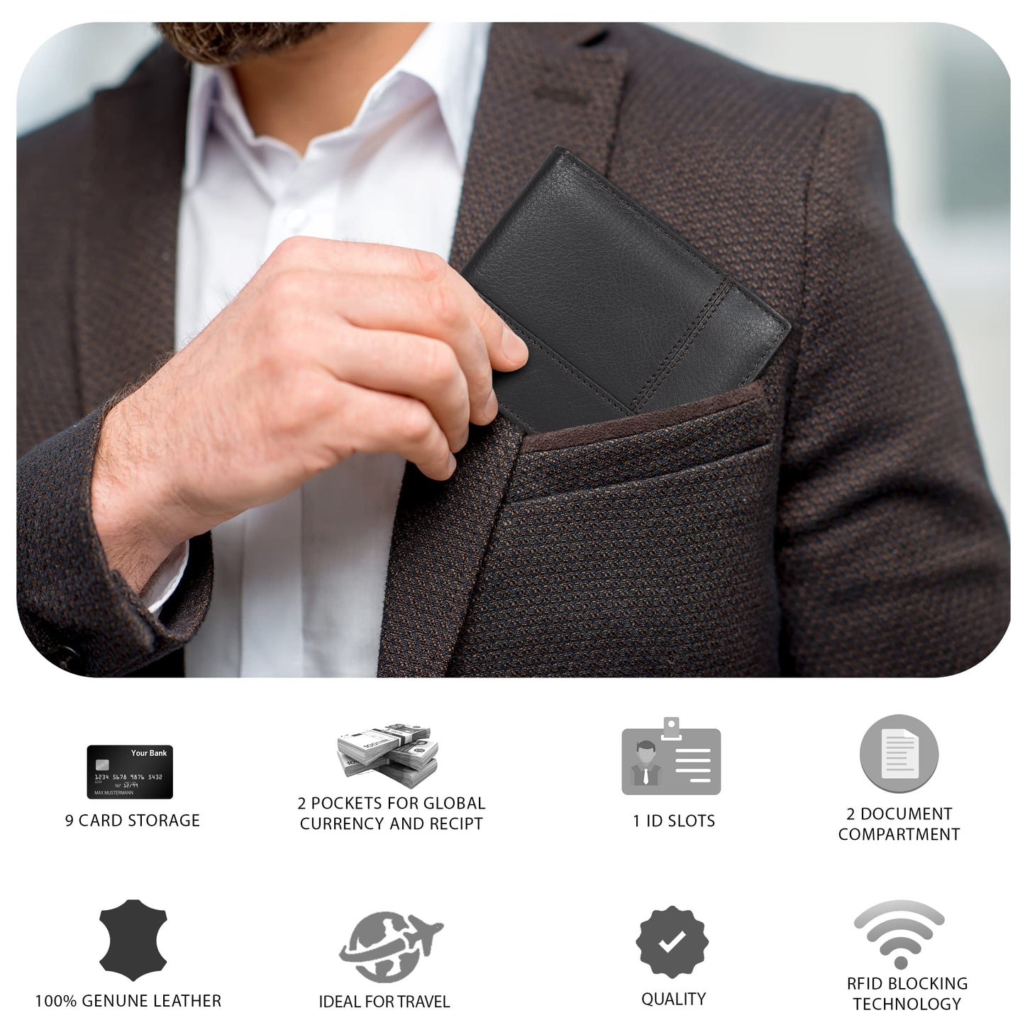 Traversible Real Leather Bifold Wallet for Men, Ultra Slim Minimalist Front Pocket with RFID Blocking 9 Credit Card Storage Holder, 1 ID Window, Slim & Stylish Billfolds Wallet