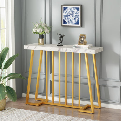 HDDDZSW Gold Entryway Table, Modern 40 inch Faux Marble Narrow Sofa Table Entry Way Table with Geometric Metal Legs for Living Room, Console Tables for Entryway, Hallyway, Entrance