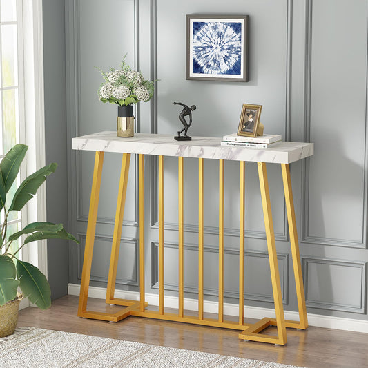 HDDDZSW Gold Entryway Table, Modern 40 inch Faux Marble Narrow Sofa Table Entry Way Table with Geometric Metal Legs for Living Room, Console Tables for Entryway, Hallyway, Entrance