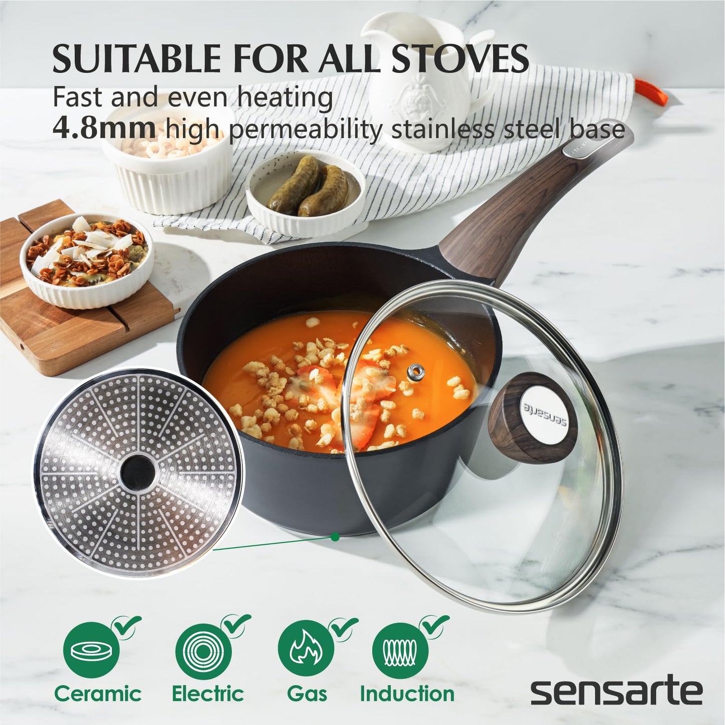 SENSARTE Pots and Pans Set Nonstick, 14 Pcs Induction Kitchen Cookware Sets, Non-toxic Non Stick Cooking Set with Frying Pans Set & Saucepan, PFOA PFOS APEO Free, Black