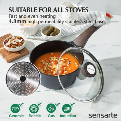SENSARTE Pots and Pans Set Nonstick, 14 Pcs Induction Kitchen Cookware Sets, Non-toxic Non Stick Cooking Set with Frying Pans Set & Saucepan, PFOA PFOS APEO Free, Black