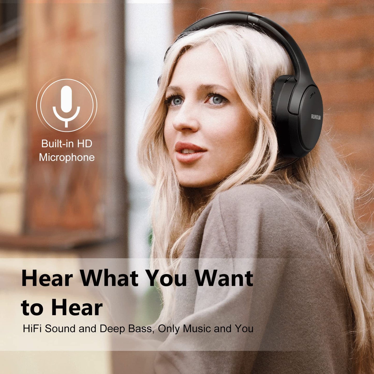 RUNOLIM Hybrid Active Noise Cancelling Headphones, Wireless Over Ear Bluetooth Headphones with Microphone, 65H Playtime, Foldable Headphones with HiFi Audio, Deep Bass for Home Travel Office