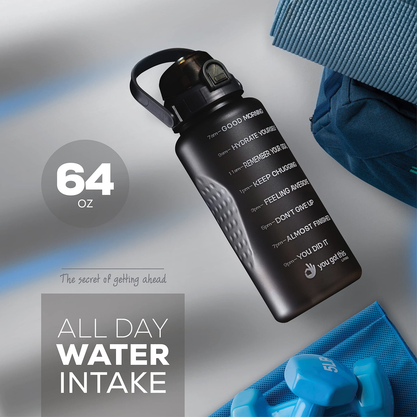 YOU GOT THIS LIVING Motivational Water Bottle with Straw & Handle, Half Gallon Water Bottle 64 oz/2.2L, Gym Water Bottle, Achieve All-Day Hydration SpillProof,BPA FREE