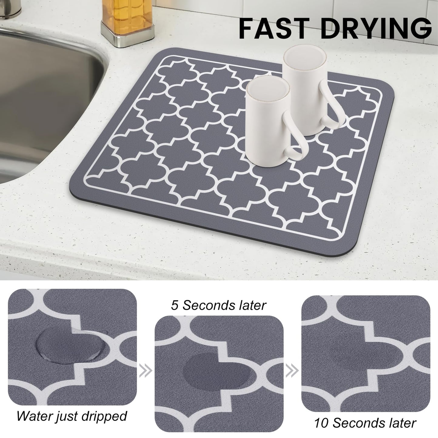 WISELIFE Dish Drying Mat Coffee Mat Super Absorbent Drying Mat Large Dish Drying Mats for Kitchen Counter Easy clean Dish Mat Kitchen Drying Mat 15" x 18" Grey