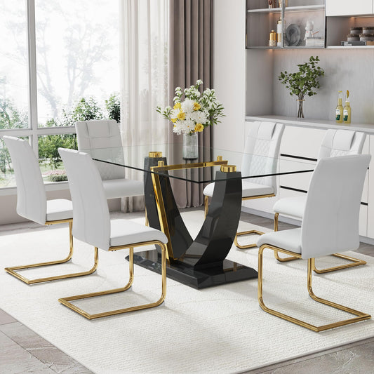 JUFU 63" Glass Dining Room Table Set for 6,Big Modern Rectangular Tempered Glass Dining Table Top Thick 0.39",7 Piece Dining Table with 6 Pcs Leather Dining Chairs