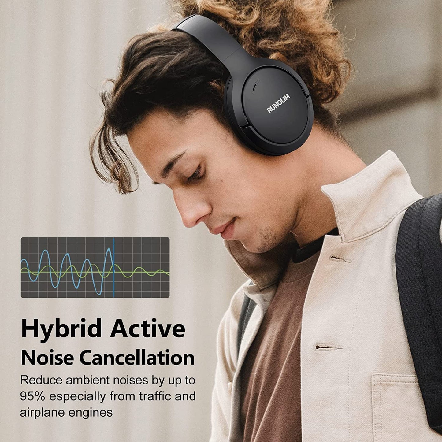 RUNOLIM Hybrid Active Noise Cancelling Headphones, Wireless Over Ear Bluetooth Headphones with Microphone, 65H Playtime, Foldable Headphones with HiFi Audio, Deep Bass for Home Travel Office
