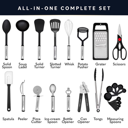 Home Hero 25 Pcs Kitchen Utensils Set - Cooking Utensils Set with Spatula - First Home Essentials Utensil Sets - Household Essentials - Kitchen Gadgets & Kitchen Tool Gift (25 Pcs Set - Black)