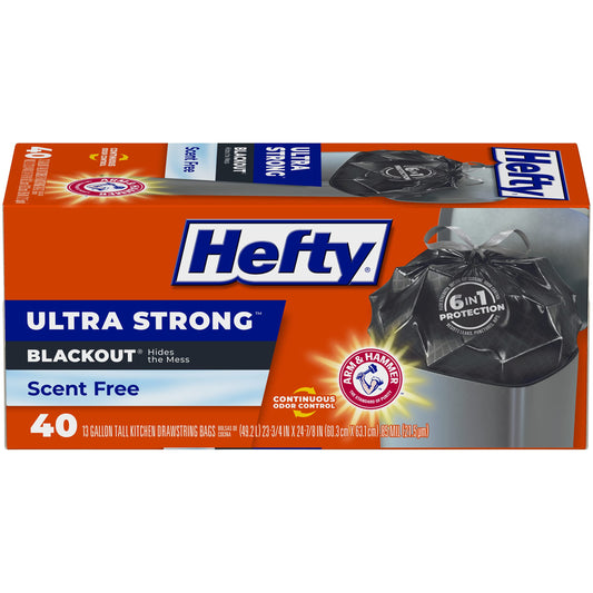 Hefty Ultra Strong Tall Kitchen Trash Bags, Blackout, Unscented, 13 Gallon, 40 Count